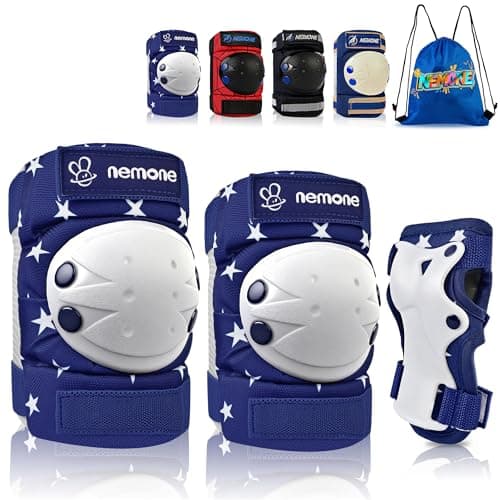 NEMONE Knee Pads for Kids, Girls Boys Knee Elbow Pads Wrist Guards with Drawstring Bag, Adjustable Reflective Protective Gear Set for Roller Skates Bike Cycling Skateboard Scooter - Black White S