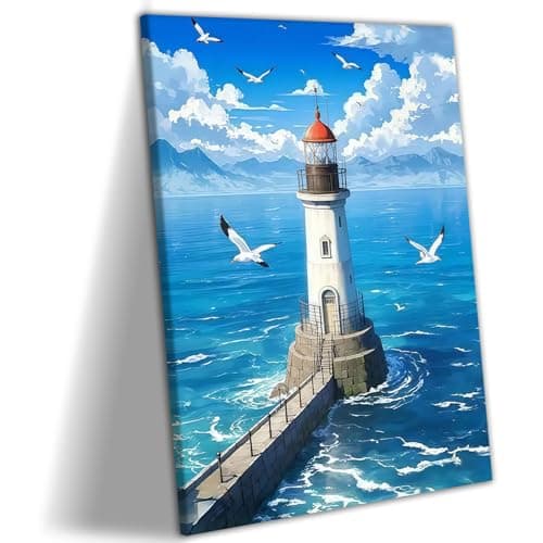 Coastal Lighthouse Canvas Wall Art, Seaside Ocean Seascape with Seagulls Poster Print, Gallery Wrapped Beach Painting for Living Room Bedroom Bathroom Office, 12x16 Inch, Ready to Hang