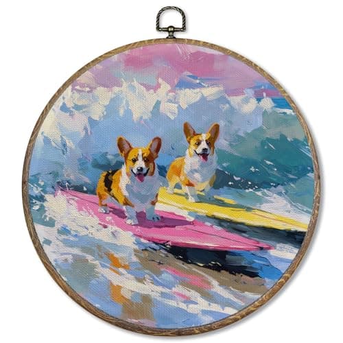 FUGWN Coastal Beach Corgi Surfing Round Wall Art Decor Framed, Corgi Lovers Gifts for Women Canvas Artwork Prints, Gifts for Dog Lovers Wall Hanging Decorations for Home Room Bedroom, 10x10 Inch