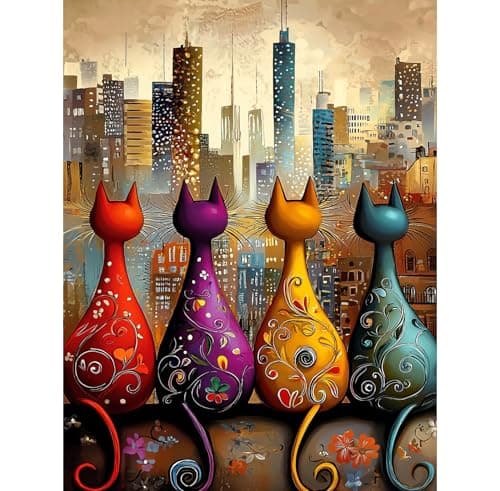 QENSPE Cat's Back Diamond Art Kits for Adults, DIY Full Drill Diamond Painting Art Kit for Beginners, 5D Round Diamond Dots Paintings City View, Gem Art Crafts Home Wall Decor Gifts 12x16 inch