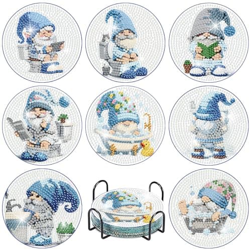 8 Pcs Gnome Diamond Art Painting Coasters Kits,Gnomes Diamond Art Coasters Kits with Holder for Adults,Non-Slip DIY Dot Paint Craft Kits,5D Full Drill DIY Diamond Dot Gem Art Kit Home Decor