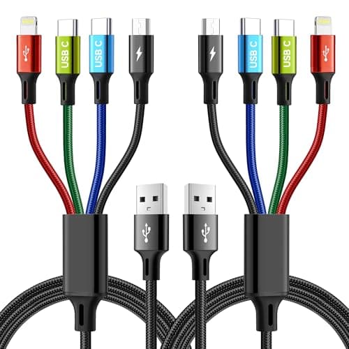 MINLU Dual USB C 4 in 1 Multi Charging Cable for Multiple Devieces,Braided Tangle-Free Dual Type C/Lightning/Micro Ports,Universal Travel Car Charger for iPhone Series,Galaxy,Android,iPad,PS-2Pack,4Ft