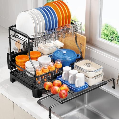 TOOLF Extendable Dish Drying R...rainboard & Cups Holder, Black