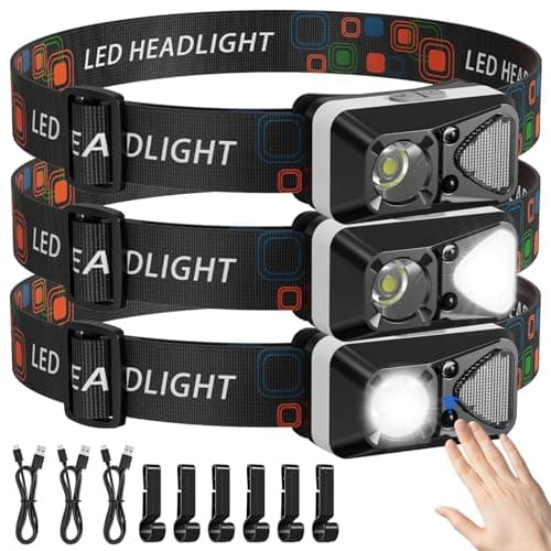 NetCan LED Headlamp Rechargeable with Motion Sensor, Headlamps for Adults Rechargeable with White Red Light Waterproof 6 Modes for Outdoor Camping Running Hard Hat Fishing Repair, 3 Pack