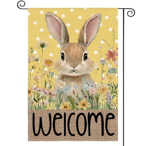 AVOIN colorlife Easter Bunny Garden Flag 12x18 Inch Double Sided Outside, Yellow Welcome Floral Holiday Yard Outdoor Flag