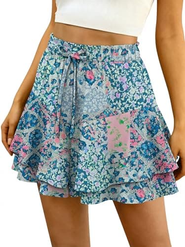 BETTE BOUTIK Ruffle Mini Skirts for Women Flowy Skort High Waisted Elastic Summer Skirt for Garden Party PinkTotem Small