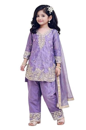 Cholista Indian Ethnic Girls Traditional Wear Kurta Plazzao Set, Embrodiery Work for baby girl. (purpal, 10-11 YEARS)