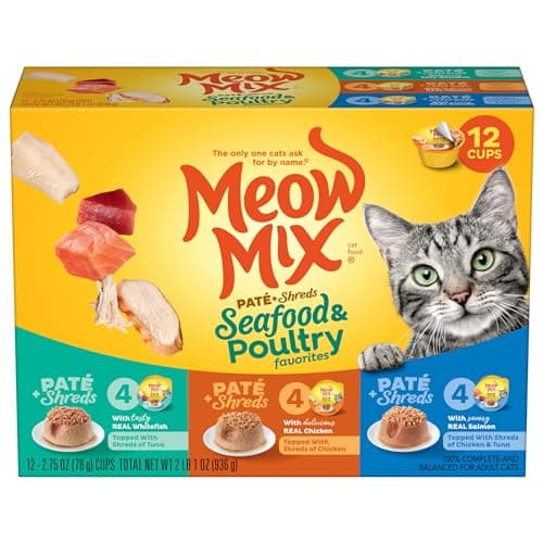 12-Pack 2.75-Ounce Meow Mix Paté & Shreds Wet Cat Food Variety Pack (Seafood & Poultry) $4.83 w/ S&S + Free Shipping w/ Prime or on $35+