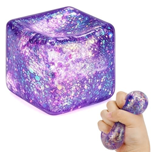 Glitter Ice Cube Squishy Fidget Toys, Squishy Cube Stress Balls for Adults & Kids, Slow Rising Stress Relief Toys, Squeeze Ball Filled with Thick Substance and Glitter (Purple)