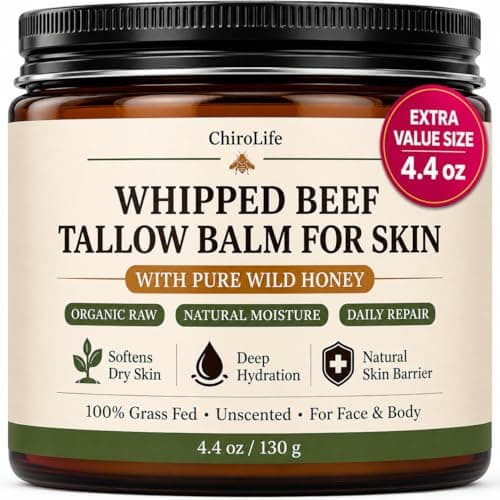 ChiroLife Grass-Fed Beef Tallow for Skin, Whipped Tallow and Honey Balm for Face, Pure Tallow Face Moisturizer, Organic Beef Tallow Balm & Cream with Natural Beeswax - 4.4 oz