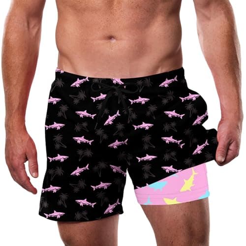 Cozople Mens Swim Trunks with Compression Liner 2 in 1 Quick Dry Bathing Suit 5 inch No-Chafing Swim Shorts, Black Small