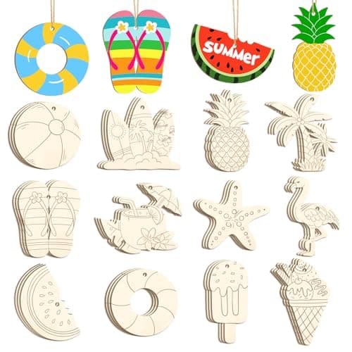 36PCS Wooden Summer Ornaments to Paint, 12 Styles DIY Blank Unfinished Wood Beach Cutouts Ornament for Crafts Hanging Decorations, Watermelon Surfboard Slippers Coconut Tree Home Decorations Gifts