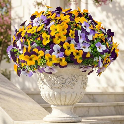 16 Pcs Artificial Pansy Flowers for Outdoor Faux Silk Spring Flowers for Outside, UV Resistant Realistic Pansies for Window, Front Door, Porch and Home Decor (16, Purple, Yellow, White, Light Purple)