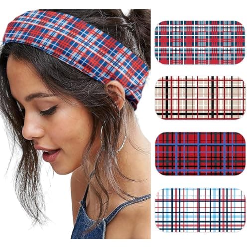 SENMAY Plaid Headbands for Women Wide Checkered Head Bands for Women's Hair Non Slip Wraps Elastic Stretchy Bandanas Workout Fashion Hair Accessories Birthday Gifts for Valentines 4PCS