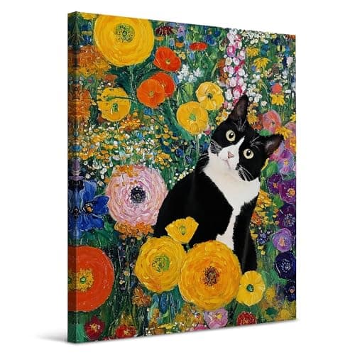 awdschkj Garden Tuxedo Cat Gustav Klimt Inspired Canvas Wall Art Decor Framed 8x10, Colorful Floral Black and White Cat Wall Decor Poster Prints Artwork for Home Kids Room Bedroom Living Room