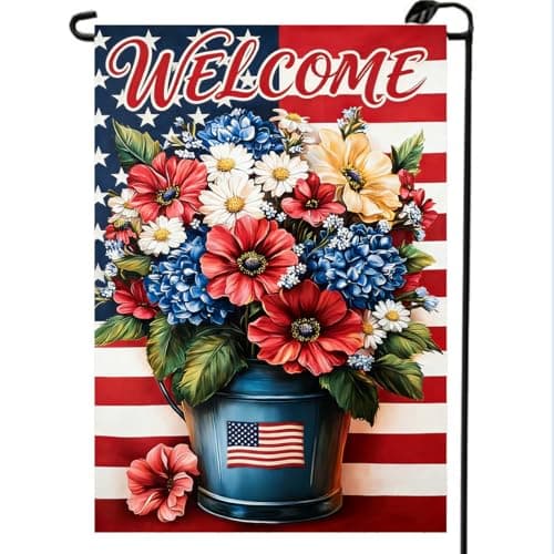 4th of July Welcome Floral Garden Flags for Outside 12x18 Double Sided, Small Burlap Holiday Independence Day Memorial Day Patriotic Summer Garden Flag Fourth of July Decorations Outdoor Yard Décor