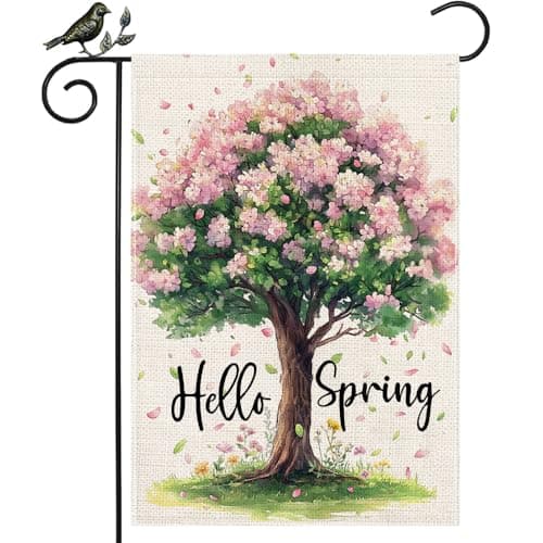 GEEORY Spring Garden Flag 12x18 Inch, Pink Floral Tree Double Sided Spring Summer Small Floral Flag, Farmhouse Rustic Outdoor Decor for Outside Yard Lawn Decoration