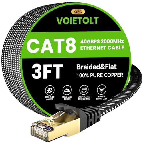 Cat 8 Ethernet Cable 3 FT Flat, High Speed 40Gbps 2000Mhz Braided Internet Cable with Gold Plated RJ45 Network LAN Cable SSTP, Heavy Duty Ethernet Cord Compatible for PS4/5, for Modems, PC/Laptop