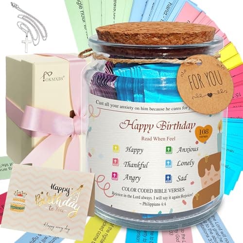 108 Bible Verses Color Coded Mood Jar - Christian Birthday Gifts for Women,Men with Cross Necklace & Card,Happy Birthday Religious Gift,Bible Accessories (Happy birthday)