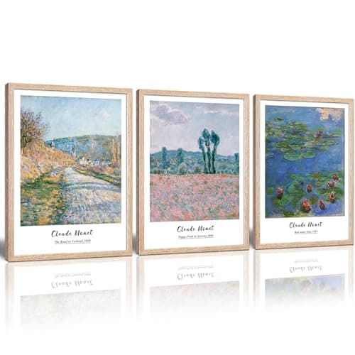 Framed Claude Monet Water Lilies Canvas Wall Art, Vintage Impression Paintings, Landscape Poster Prints, Minimalist Classic Wall Decor for Bathroom, Bedroom Living Room Office - 12"x16"x3 Piece