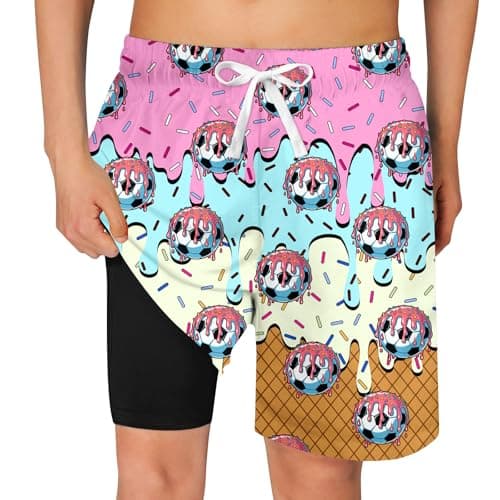 Cozople Boy's Pink Ice Cream Graphic Swimming Trunks Compression Boxer Brief Liner Swim Shorts Anti Chafe Swimsuit Bathing Suit for Big Boys No Mesh Lining Beach Board Shorts with Pockets