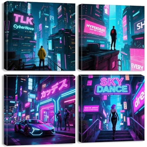 Japanese Anime Poster Cyberpunk Wall Art Tokyo Neon Night City Pictures Cool Boys Gaming Room Decor Abstract Futuristic Poster Modern City Painting Teens Bedroom Artwork Home Decoration 12x12" 4Pcs