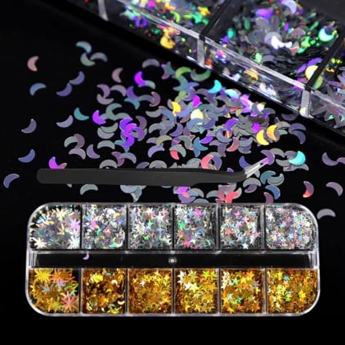 1 Box 2 Color Holographic Laser Nail Glitter Star Moon Nail Sequins 3D Silver Gold Nail Flakes Sparkly Glitter Flakes Shiny Nail Glitter Golden Nail Sequins Glitter for Nails Art 12 Grids