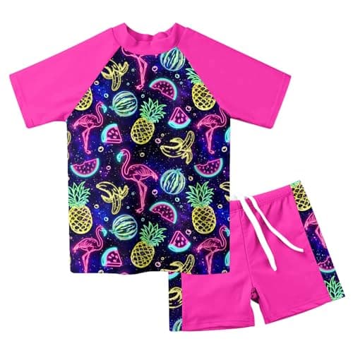AIDEAONE Little Girls Cute Pineapple Rash Guard Swimsuit Set Neon Flamingo Bathing Suit Watermelon Beach Swimswear Size 3T 4T