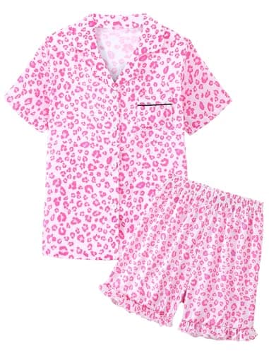 Mikrdoo Girls Silk Pajamas Fashion Satin Short Sleeve Sleepwear Summer 2 Pieces Cute PJs, Pink Leopard,Size 10 Years
