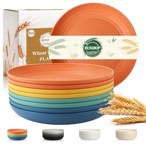 BUSOKIP Wheat Straw Plate 8 Inch, Unbreakable Dinner Plates Set of 8, Microwave & Dishwasher Safe Kids Plates for Cake, Dessert, Side Salad, Plastic Plates Reusable for Camping, Kitchen, RV - Multi