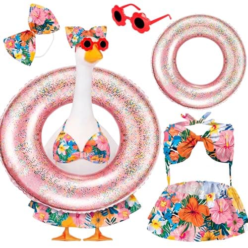 Ciyufavo 23 in Porch Goose Summer Outfit Bikini, Hawaiian Porch Goose Swimsuit Clothes Costume Accessories with Bow Glasses Swim Ring for 23" Summer Goose Garden Patio Statue Decor (Flower)