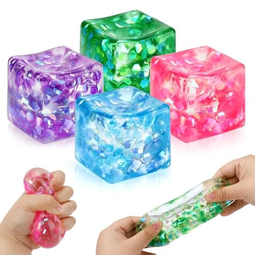 4 Pack Glitter Ice Cube Squishy, Slow Rising Stress Relief Toys, Square Stree Balls Fidget Toys for Adults Boys Girls, Squeeze Ball Sensory Toys for Kids with Autism, Party Favors Gifts