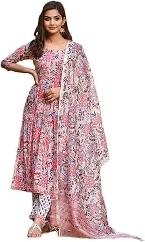 FULPARI Women's Rayon Viscose Anarkali Printed Kurta with Palazzo & Dupatta Festive Wear (US, Alpha, XX-Large, Regular, Regular, Pink)