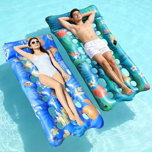 Shinepool Pool Floats Lounger, 2 PCS 72''x35'' Ultra-Comfort Pool Rafts for Adults with Cooling Headrest and Cup Holders, Pool Floaties Raft Mat for Sun Tanning Swimming Beach Outdoor Pool Lake Party