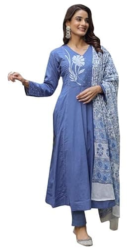 IMTRA FASHION Pure Cotton Kurta and Pant Set for Women Ethnic Embroidered Kurti Pants With Dupatta (Blue-3X-Large)
