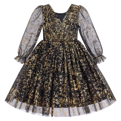 IMEKIS Toddler Pageant Dresses for Girls: 3rd 4th Birthday Outfit Prom Sparkly Tulle Tutu Baby Tea Party Formal Kids Graduation Sequin Christmas Fall Winter Puffy Long Sleeve Black Gold 3-4T