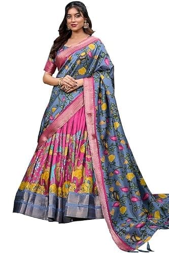 LooknBook Art YanaFab Women's Dola Silk With Kalamkari Print Lehenga Choli Set (Pink)