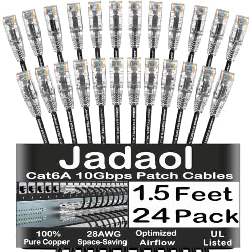 Jadaol [UL Listed] Cat6A Patch Cables 1.5ft (24 Pack), 10Gbps 550MHz Slim Cat 6A Ethernet Patch Cables, Snagless Cat6 Patch Cables for Patch Panel, Switch, Server Rack, Data Center - Black