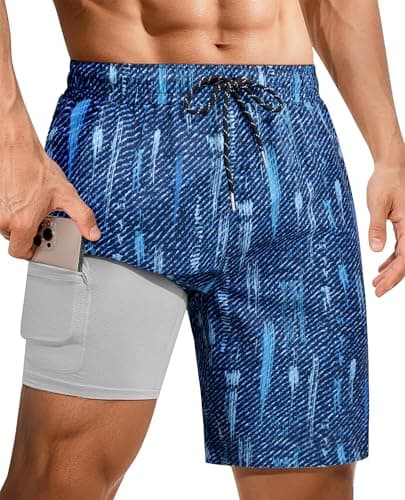 Gleeease Mens Board Shorts Swim Shorts Men 9 Inch with Compression Liner Pockets Drawstring Quick Dry Stretch Lined 3D Funny 2-in-1 Beach Swimming Pool Surf Navy Striped Medium