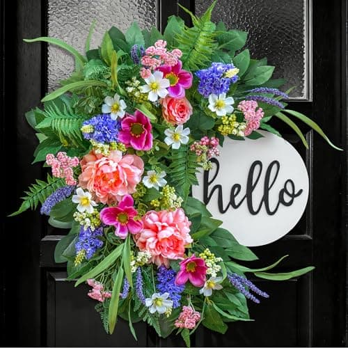 24 Inch Spring Wreath for Front Door with Wooden Welcome Sign, Artificial Peony, Rose, Lavender & Hydrangea Flowers, Spring and Summer Door Wreath for Indoor Outdoor Decor