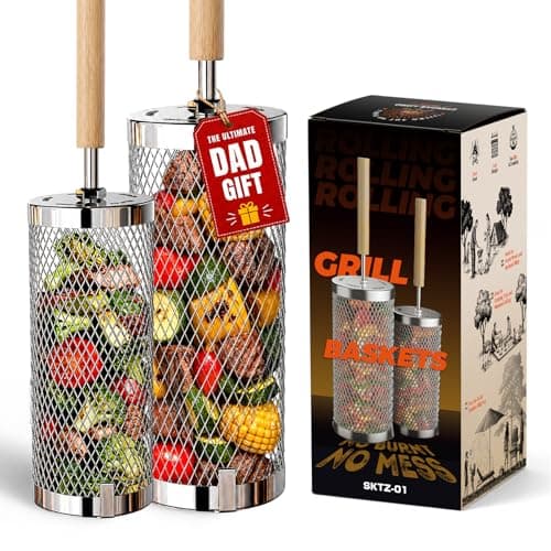 Rolling Grill Basket 2-Pack,304 Stainless Steel Grill Basket with Removable Wooden Handle,BBQ Tool & Smoker Accessory for Grill Rotisseries Veg & Shrimp,Ideal for Outdoor Cooking,Camping & Gifts for Dad/Husband/Men