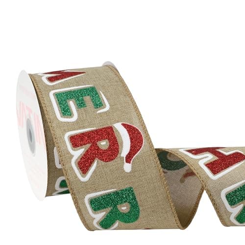 VATIN Single-Sided Wired Ribbon with Merry Christmas Greeting, 2-1/2-Inch x 10 Yards, for Gift Wrapping Bows and Party Decor, Christmas Tree Decor