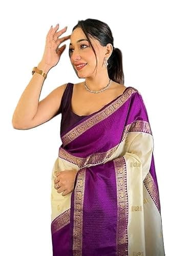 Women's Soft Silk Saree With Unstitched Blouse Piece Partywear/Wedding White_Gadhwal Pure Soft Silk Saree Gift Item Pack Of 1 (Multicolor)