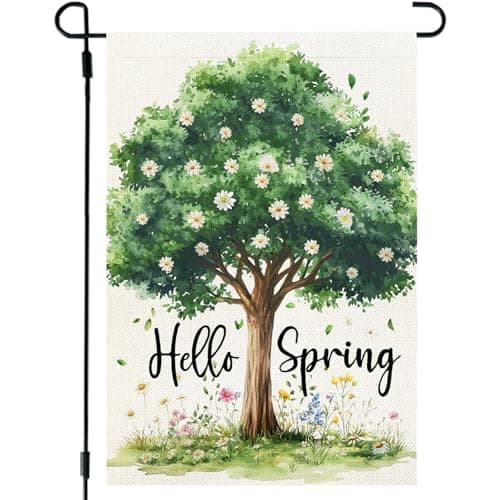 CROWNED BEAUTY Hello Spring Garden Flag Tree 12x18 Inch Double Sided Small Seasonal Floral Holiday Decoration for Outdoor Lawn Yard