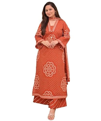 Women’s Cotton Kurta Set with Dupatta and Pants – Printed Ethnic Indian Kurti Set, Long Sleeve Casual & Festive Wear Outfit Orange