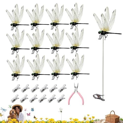 Jongdari 12pcs Black Dragonfly Clip, DIY Realistic Fake Dragonflies Clip-On Garden Outdoor Decor Stakes Plastic Dragon Fly Clips Plant Decorations for Pots, Includes Pliers & Clips