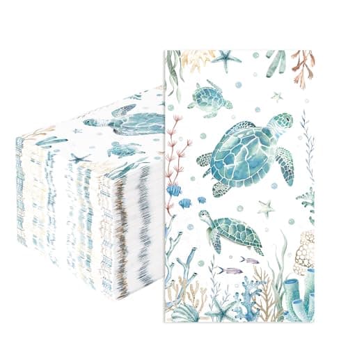 100 Pcs Coastal Turtle Paper Napkins 3 Ply Nautical Ocean Green Sea Turtles Disposable Absorbent Hand Towels Coral Starfish Guest Bathroom Napkins for Holiday Beach Summer Birthday Party Supplies