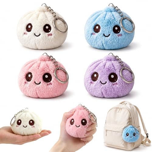 4 Pack Dumpling Keychains, 3.35" Kawaii Plush Squishy Toys for Kids, Soft Fidget Backpack Charms for Purse Bag, Birthday Gifts, Party Favors, Goodie Bag Fillers