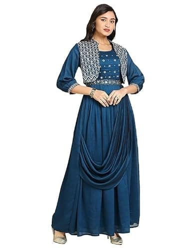 madhuram textiles Women's Georgette Embroidery Anarkali Dress Long Flared Ethnic Gown with Full Sleeves for Party & Festive Wear (US, Alpha, X-Large, Regular, Regular, Blue)