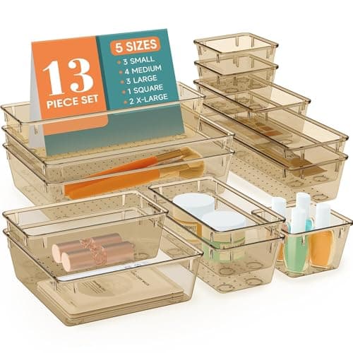 StorMiracle 13 PCS Drawer Organizer Set, 5 Varied Size Bathroom and kitchen Drawer cabinet organizer Trays, Clear Storage Bins for Makeup, Jewelry, Utensils and Gadgets, Champagne